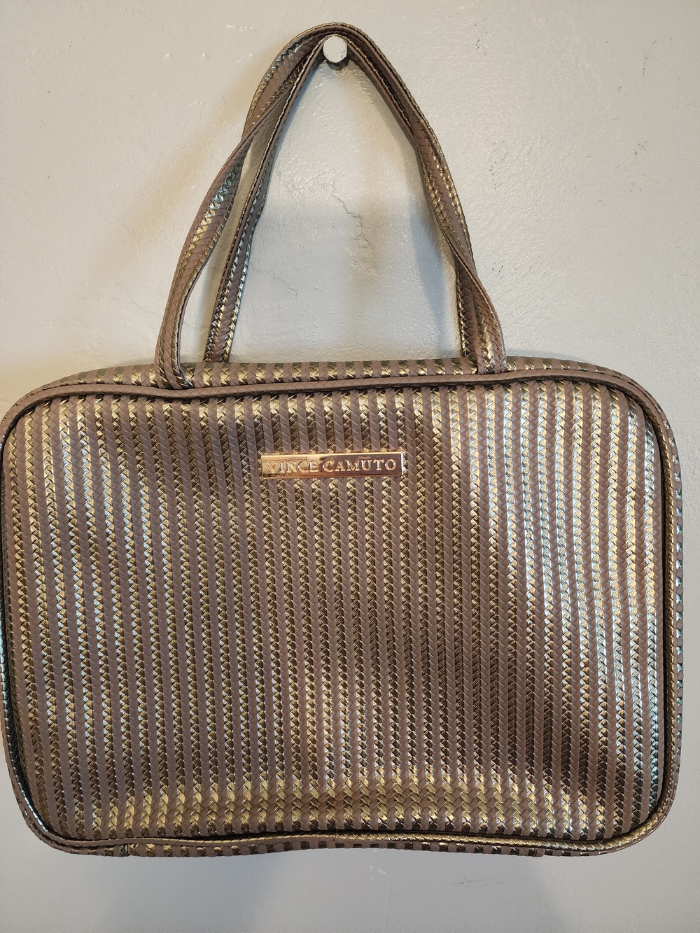 Vince Camuto Metallic Taupe Woven Toiletry Travel Tote